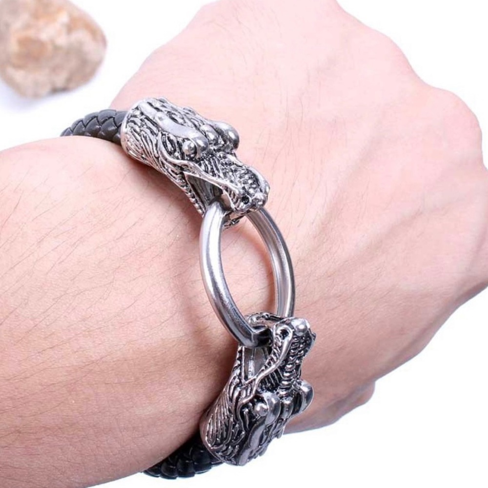 Double Python Silver Ring In Mouth Steel Black Braided Bracelet!